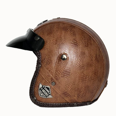 3C Certified Retro Cruiser Motorcycle Three-Quarter Leather Helmet, Safe and Warm for All Seasons, Unisex Safety Helmet (Motosiklet kaskı (dəbilqə)) - brown-pattern-m