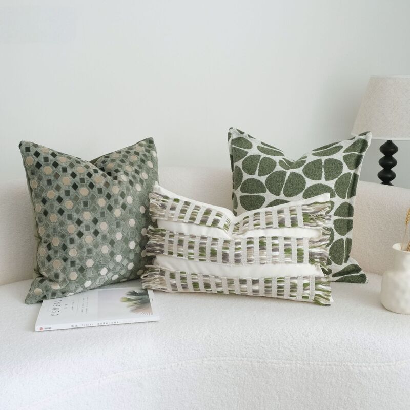 Wabi-Sabi Style Green Drawstring Throw Pillow, Coarse Linen Cushion, Cut Velvet Cushion, Living Room Sofa Cushion, Model Home Pillow Cover