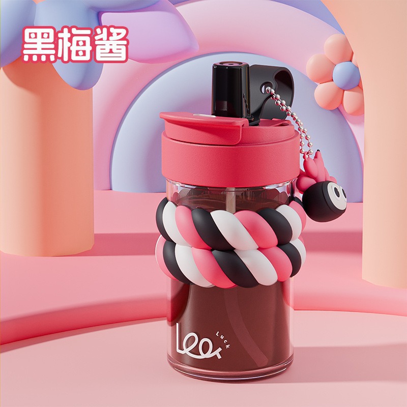 Taza de agua de vidrio de caramelo doble bebida borosilicato estudiante taza de alto valor para niñas taza de paja portátil resistente a altas temperaturas de verano