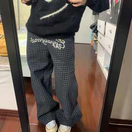 秋冬款网红复古美式慵懒风刺绣直筒宽松休闲格子长裤图片色绣花