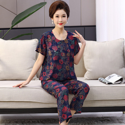 新款中老年妈妈睡衣 春夏季短袖长裤全棉绸家居服套装多花色可选|ms