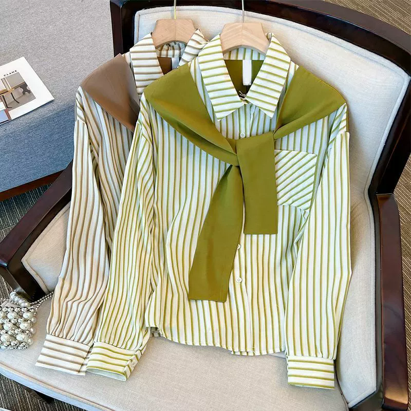 2025 весенняя новая полосатая рубашка женская корейская версия большого размера тонкая, поддельная две иностранные рубашки дикий свободный топ