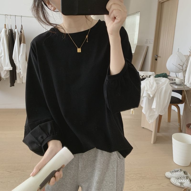 胖MM特大码300斤法式休闲灯笼袖t恤女秋季宽松简约百搭九分袖上衣|undefined