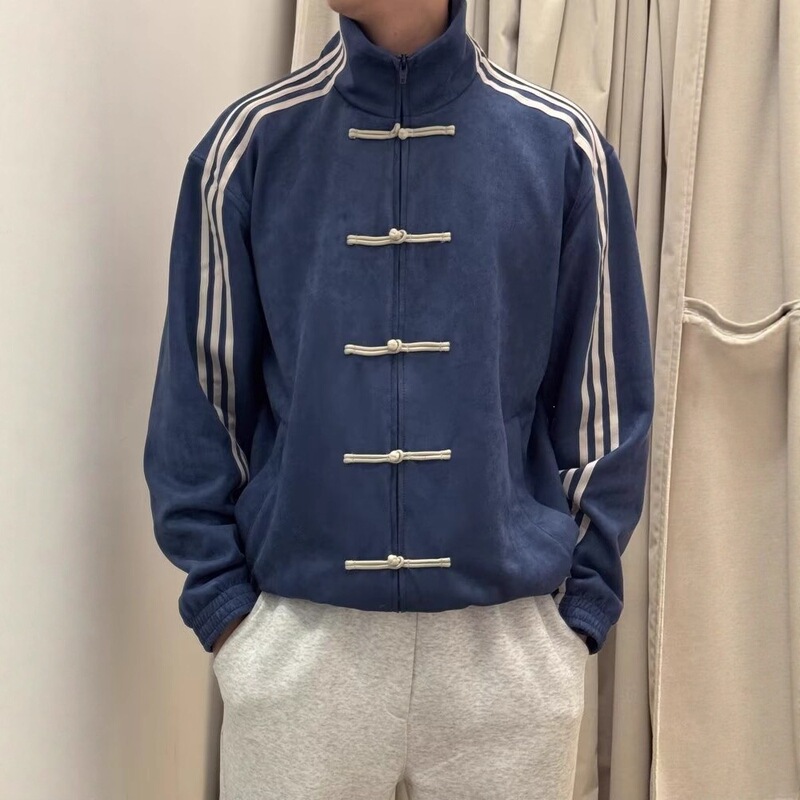 New Chinese-Style National Style Buttoned Jacket for Men, Spring Design, Stand-Up Collar Baseball Jacket, Three-Stripe Sports Cardigan Jacket New Chinese-Style National Style Buttoned Jacket for Men, Spring Design, Stand-Up Collar Baseball Jacket, Three-Stripe Sports Cardigan Jacket