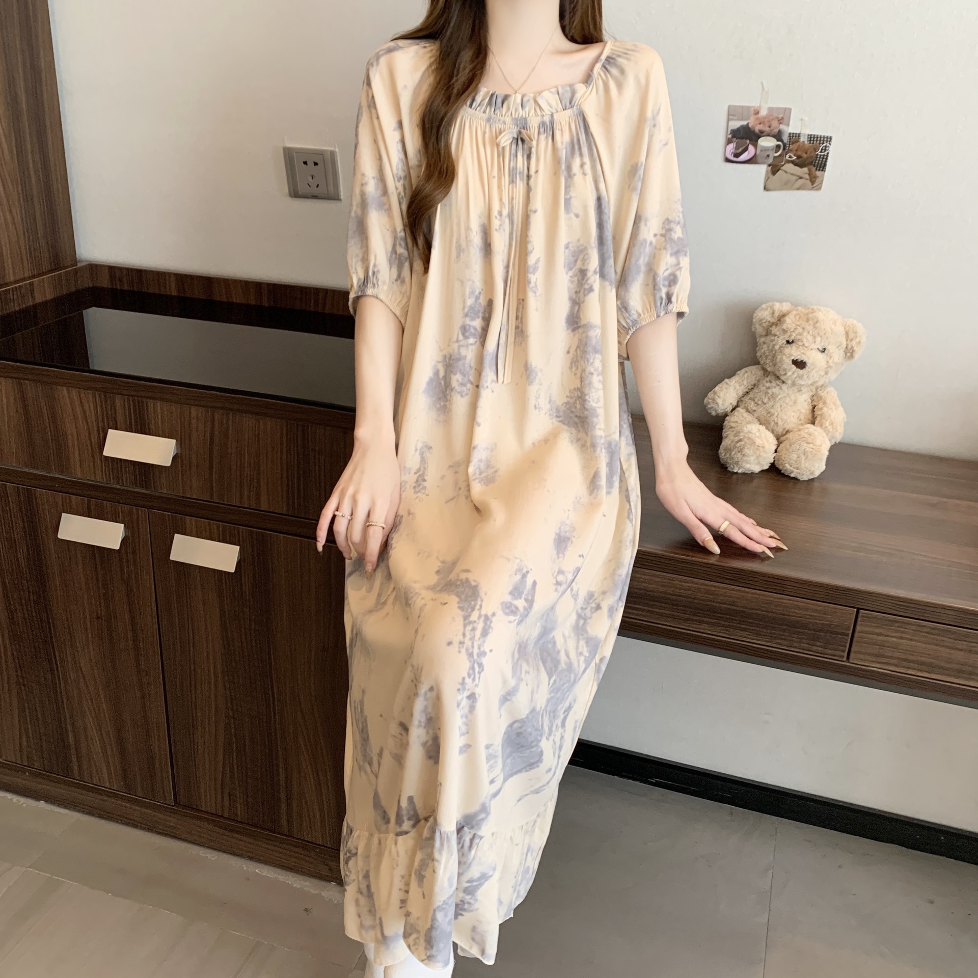 Yaoting pijamas de verano mujeres primavera y otoño encantador impresión suelta vestido larga larga larga ropa de hogar de mangas cortas HDF5291