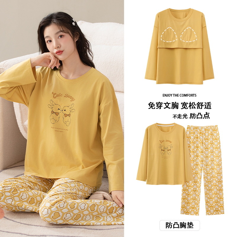 가슴 패드가 달린 여성용 잠옷 봄과 가을면 긴 소매 가을과 겨울 여성 풀오버 외모 면화 홈 의류 세트 입고