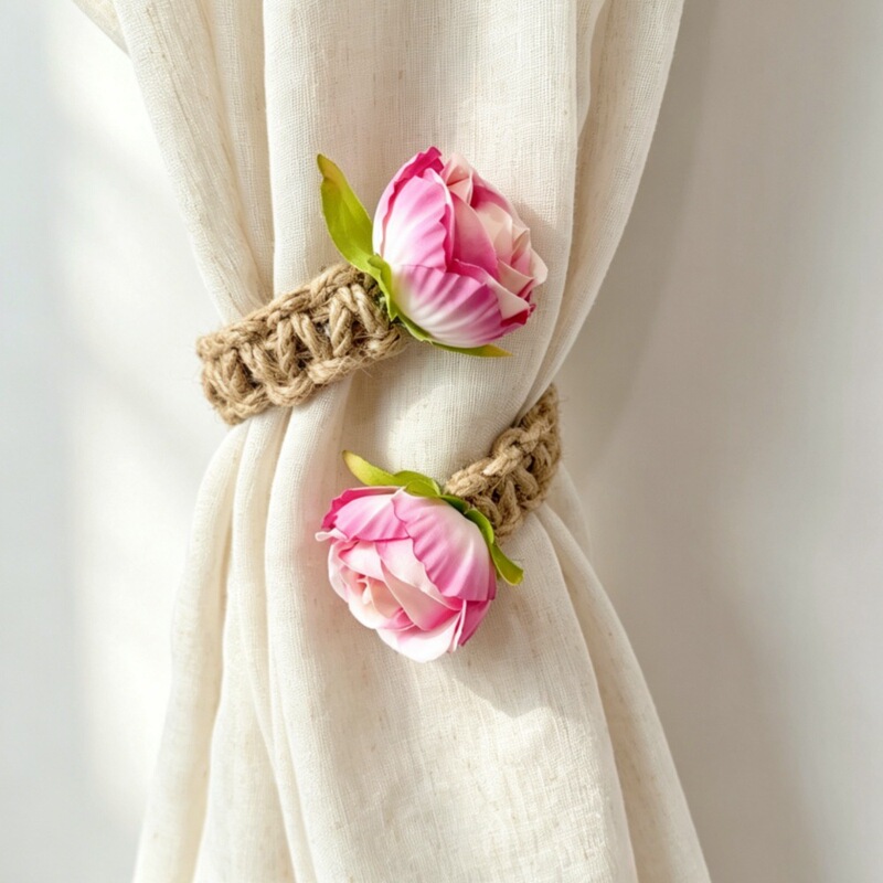 Nordic rose floral bohemian linen rope curtain tieback, hand-woven tieback with adjustable twist feature
