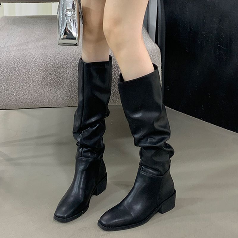 Pointed-Toe, Knee-High, Pleated, Stacked High Boots for Outerwear, Popular Slip-On Mid-Heel Fashion Boots, New Model for Autumn/Winter 2025