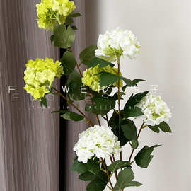 韩式婚礼色系雪球白绿色假花3头木绣球仿真花婚庆插花商场软装摆