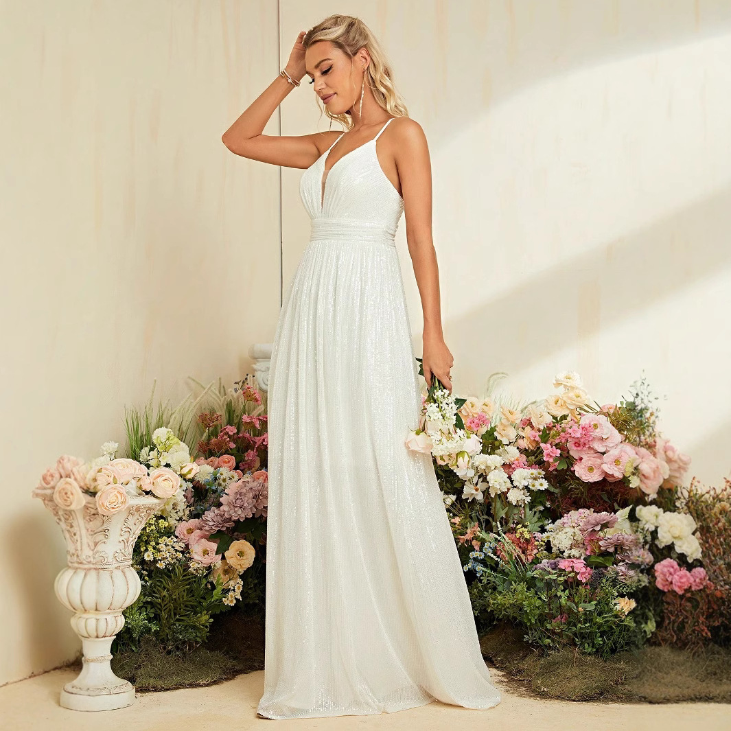 Europa y los Estados Unidos vestidos de baile de banda blanca iglesia de playa vestido de boda temperamento simple vestido delgado mujer image 3