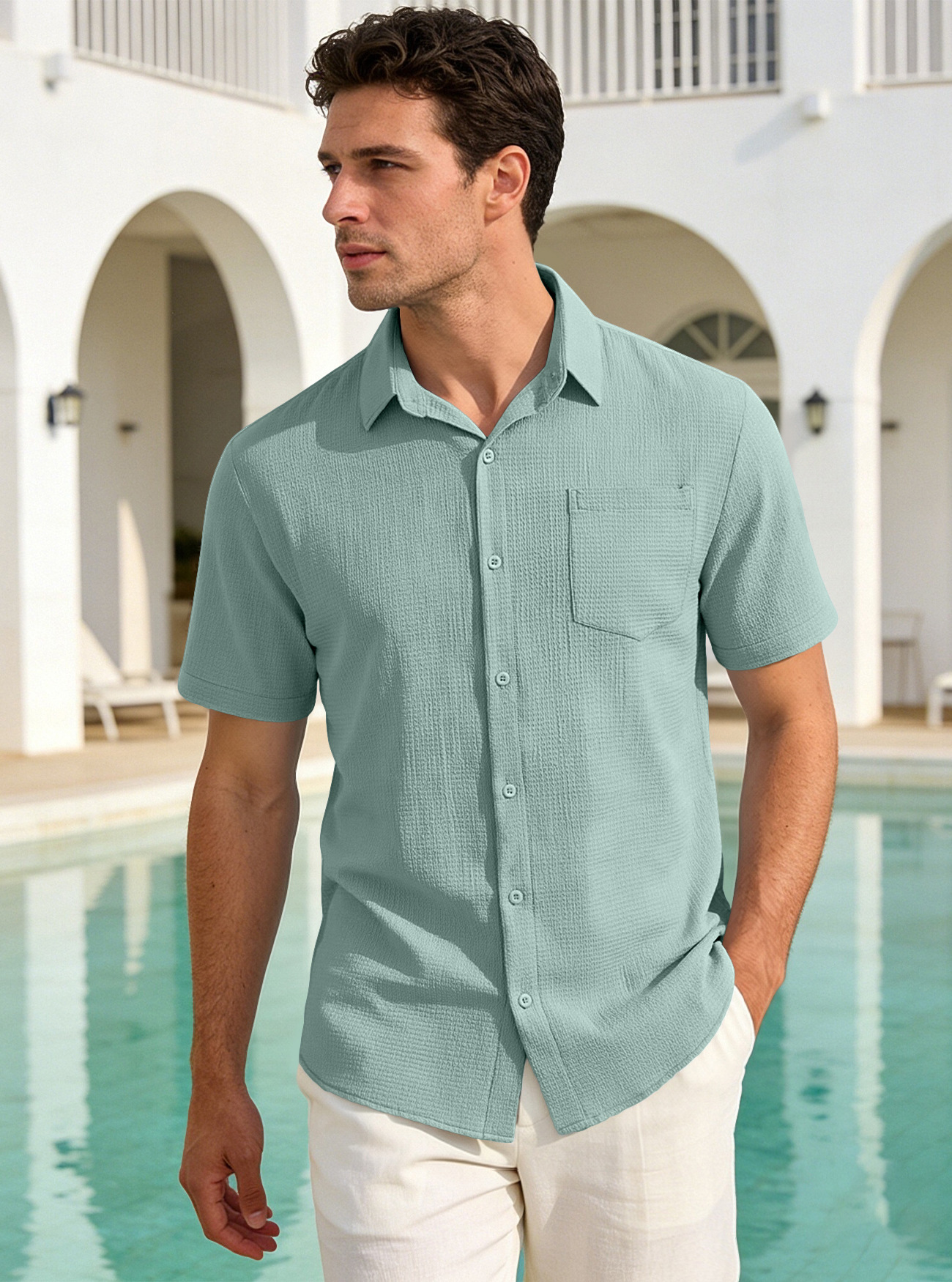 Herren Sommer Freizeithemd Einfarbig Mit Tasche Und Kragen_voghion.com