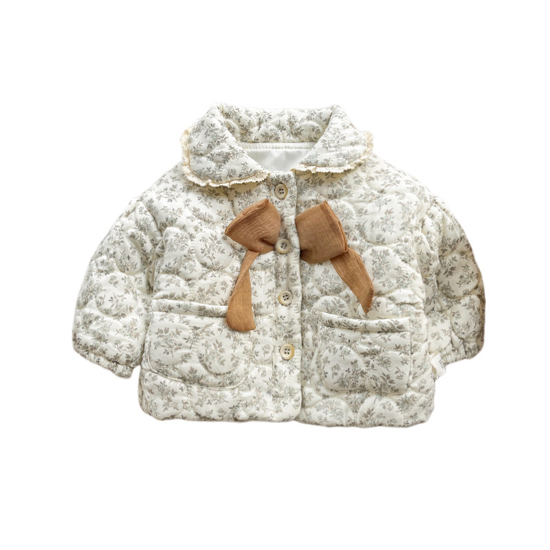 Niñas de invierno de algodón lindo abrigo de bebé 2025 nueva ropa de bebé de flores extranjeras gruesas chaqueta de algodón cálida