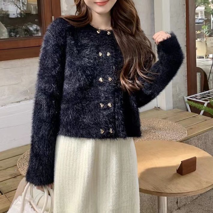 Women's Short-Sleeve Round Neck Knit Cardigan with imitation mink soft fabric, new autumn and winter fashion topcoat with double-breasted button design.
