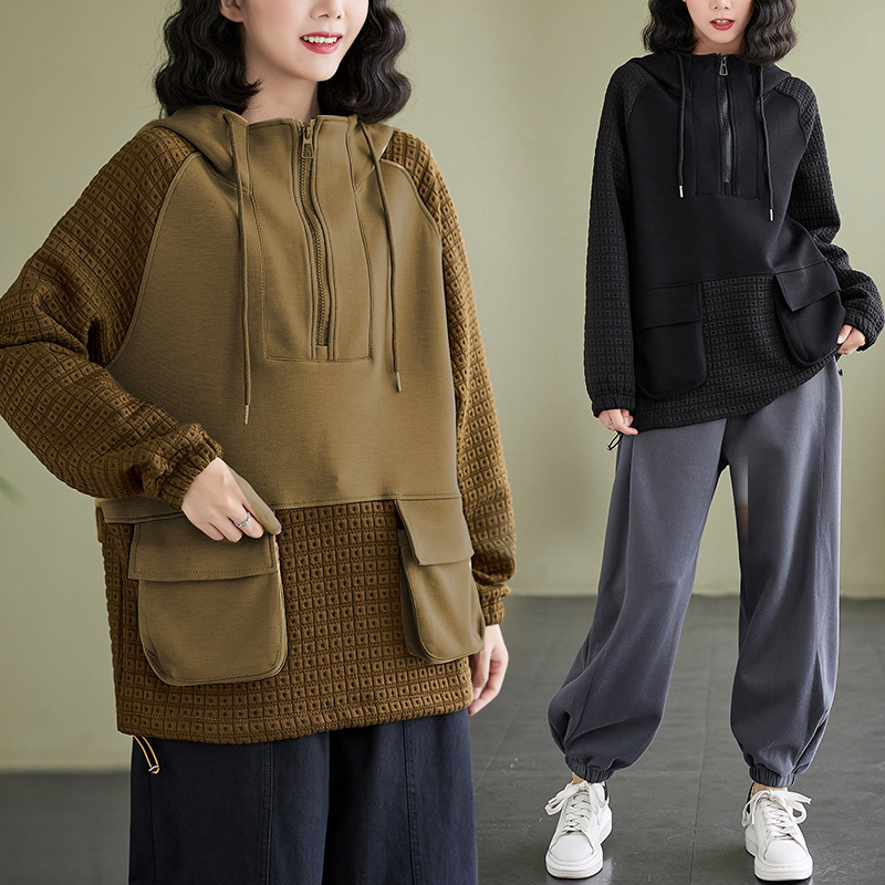 리얼 샷 가을과 겨울 새로운 두꺼운 패셔너블 한국 스타일 슬리밍 올매치 우아한 컬러 스티칭 후드 지퍼 땀