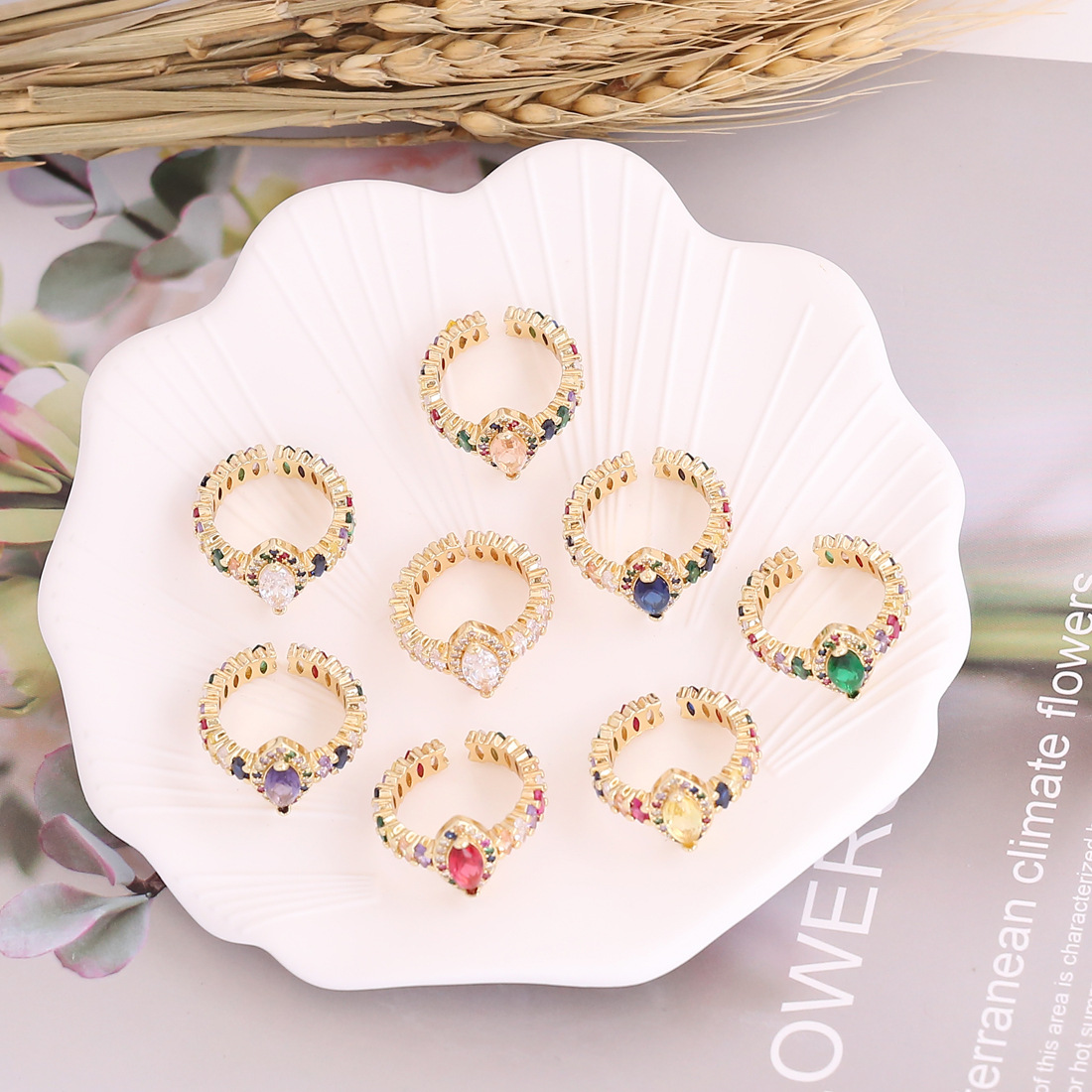 18K fashion vintage copper micro-inlaid zircon rainbow ring wholesale nihaojewelry