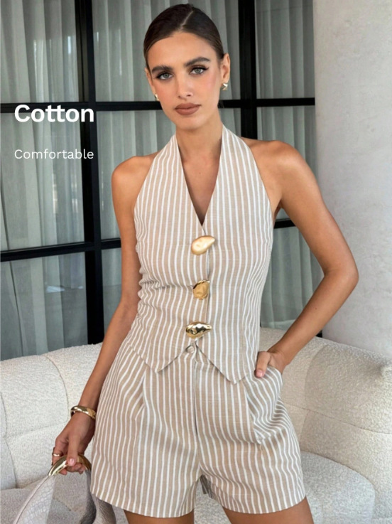 Women's Clothing Women's Summer V Neck Halter Neck Backless Sleeveless Vest And Shorts Set Metal Buckle For Formal & Casual For Women_ecoleips.com