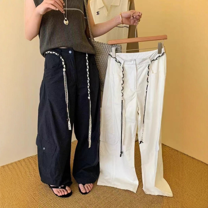 抽绳系带工装阔腿裤女欧货秋季新款时尚宽松高腰大口袋直筒休闲裤|undefined