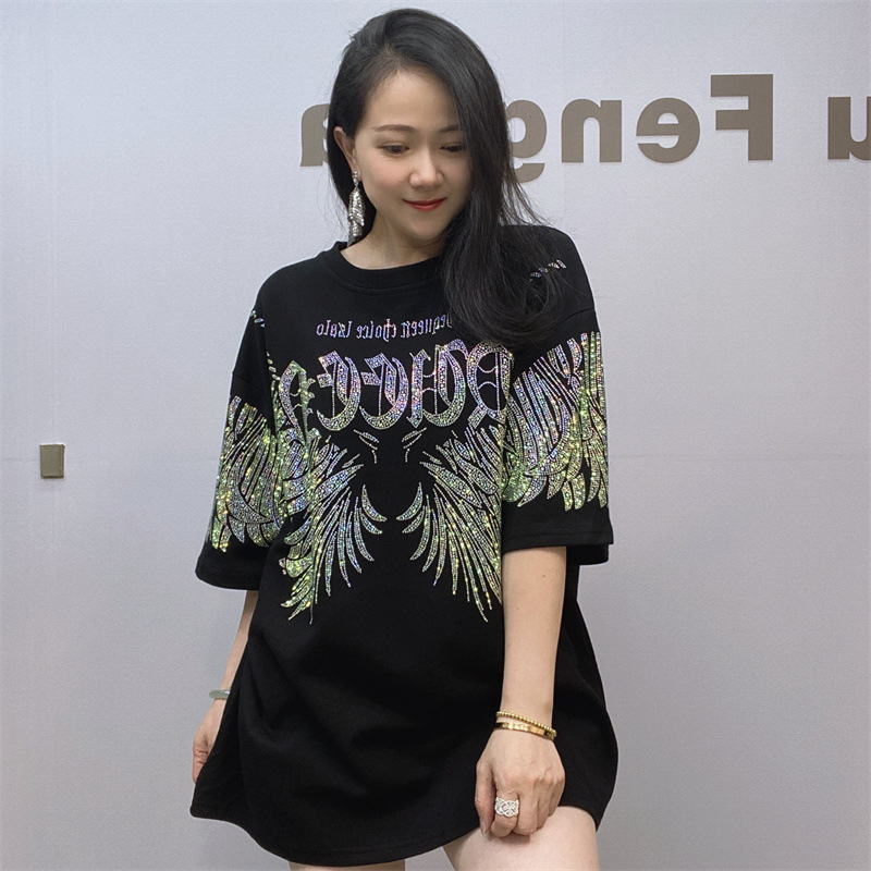 Amazon ropa de comercio exterior otoño nuevo top de manga corta marca de moda de las mujeres rhinestone camiseta de las mujeres de una sola pieza envío gratuito image 5