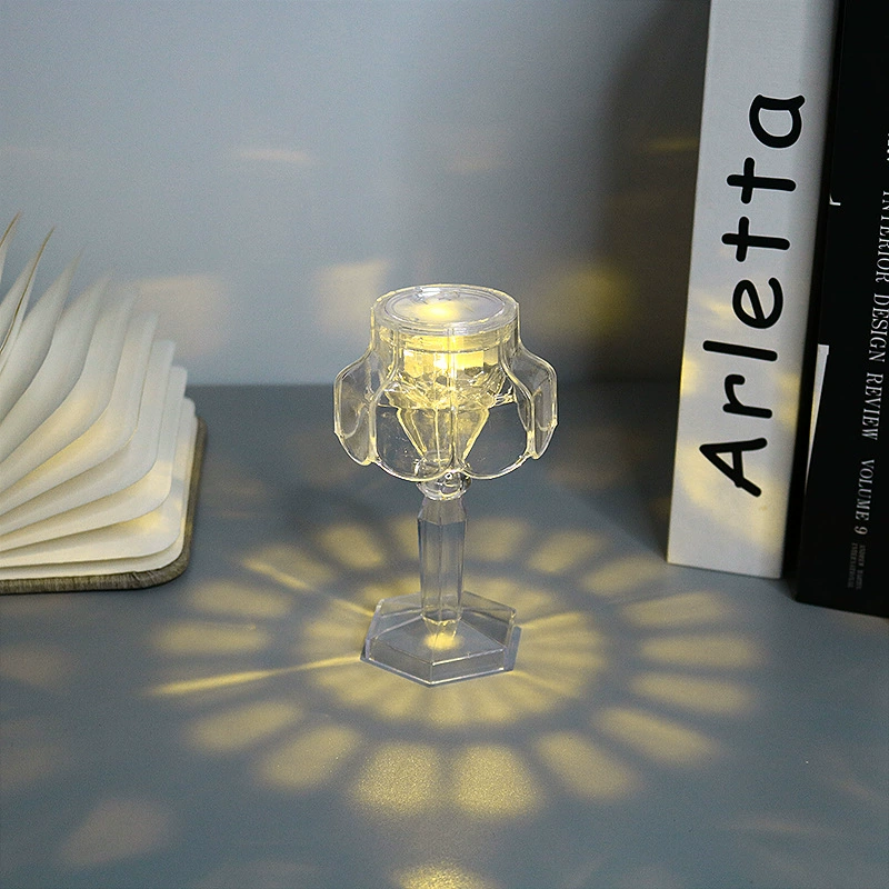 Transparent LED projector table lamp, electronic night light, battery‑powered (3×AG13), multiple styles