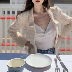 Wus桃金娘30羊毛+30亚麻 粉色软粗花呢外套女小香毛呢上衣