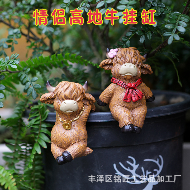 Cross-Border Highland Cow Flower Pot Hanging Ornament Resin Cute Animal Yak Figurine Garden Courtyard Balcony Decoration