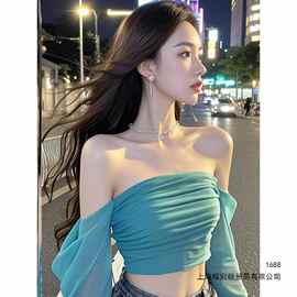 2026夏直播衣服女主播一字肩网纱长袖褶皱短款上衣女修身显瘦