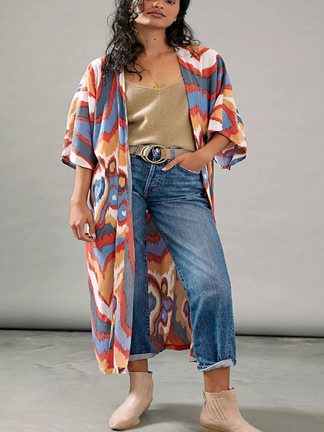 SY05 europea y americana suave crepe impreso vacaciones protector solar cardigan bikini blusa traje de baño chaqueta