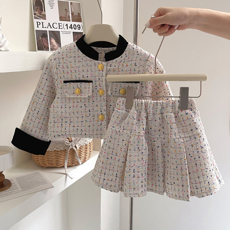 2023 Winter New Girl's Small Fragrance with Cotton Knitted Coat Baby Hundred Pleated Short Skirt Set of Two_voghion.com