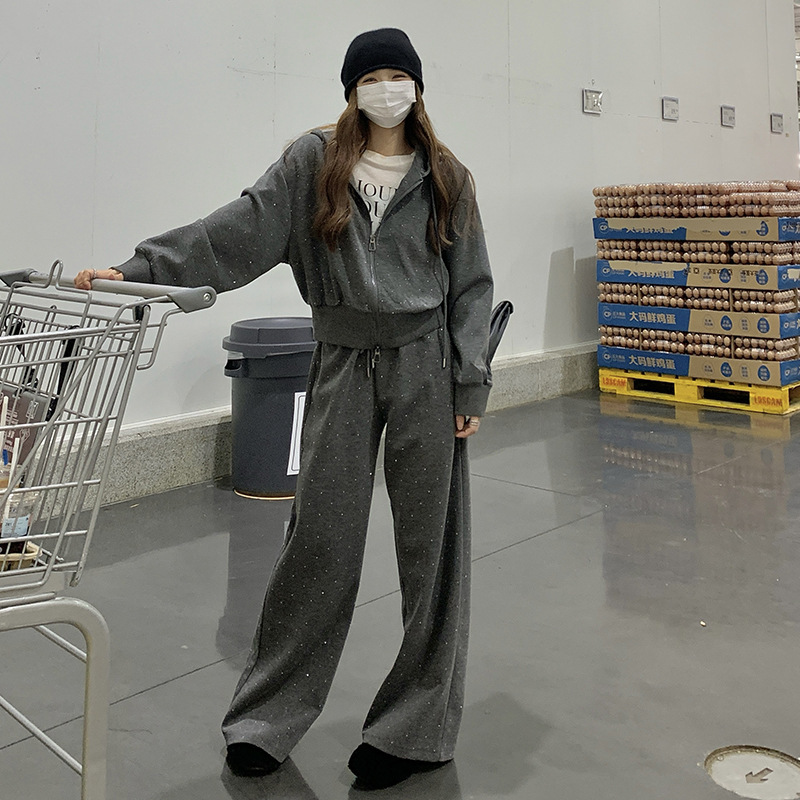 灰色卫衣套装女春秋季2025新款时尚运动休闲连帽外套阔腿裤两件套|undefined