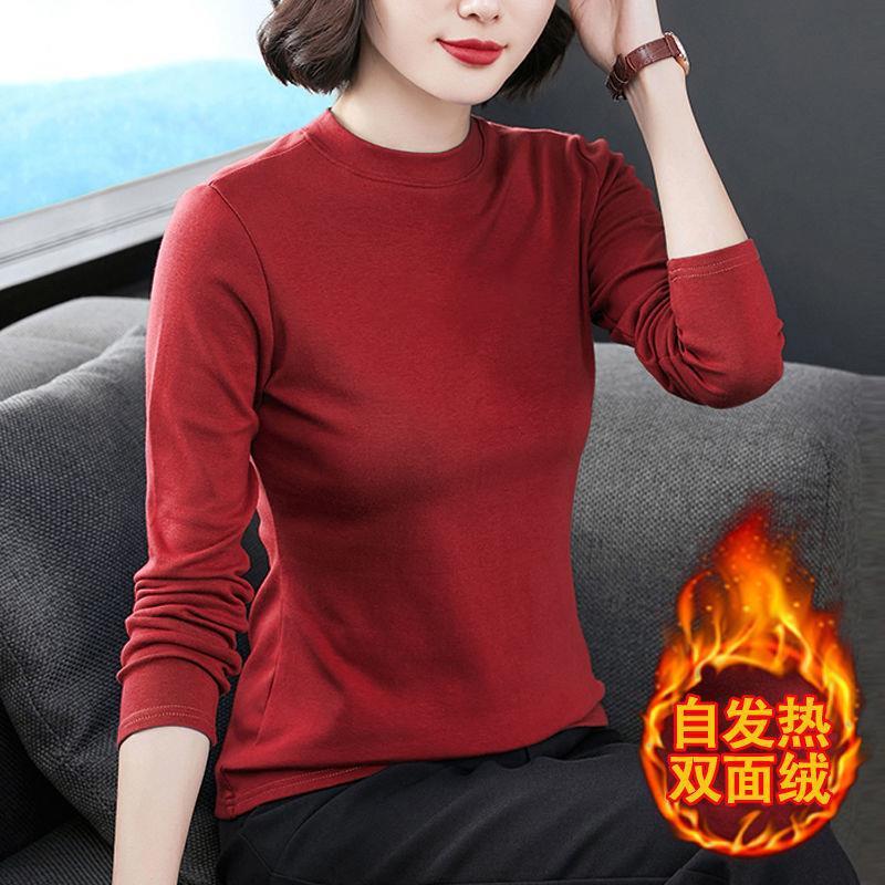 德绒长袖t恤女秋冬季中年妈妈加厚加绒保暖内搭修身打底衫女上衣|undefined