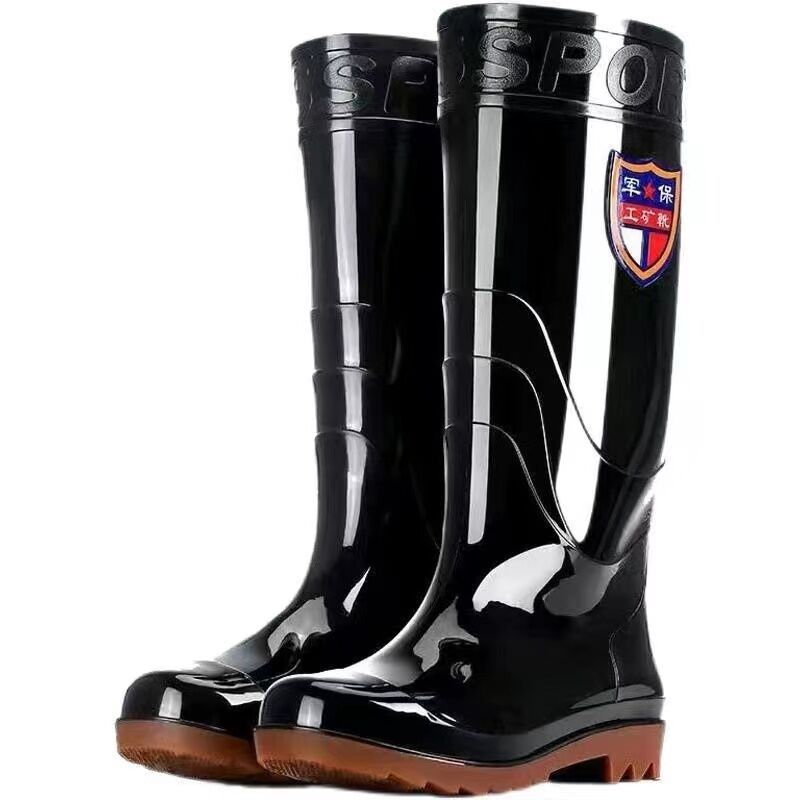 Men's High Rain Boots with Beef Tendon Sole, Black Long-Tube Black Water Shoes, Kitchen Non-Slip Large-Soled Water Boots, Medium-High-Tube Labor Protection Rubber Shoes for Men