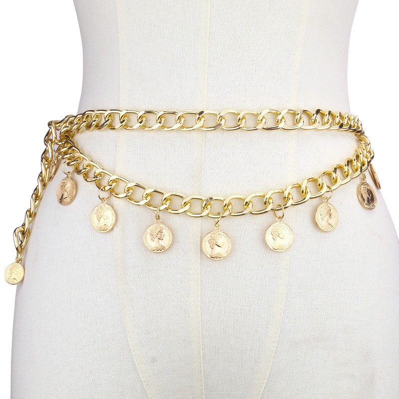 Золотая двухслойная поясная цепочка с портретной монетой