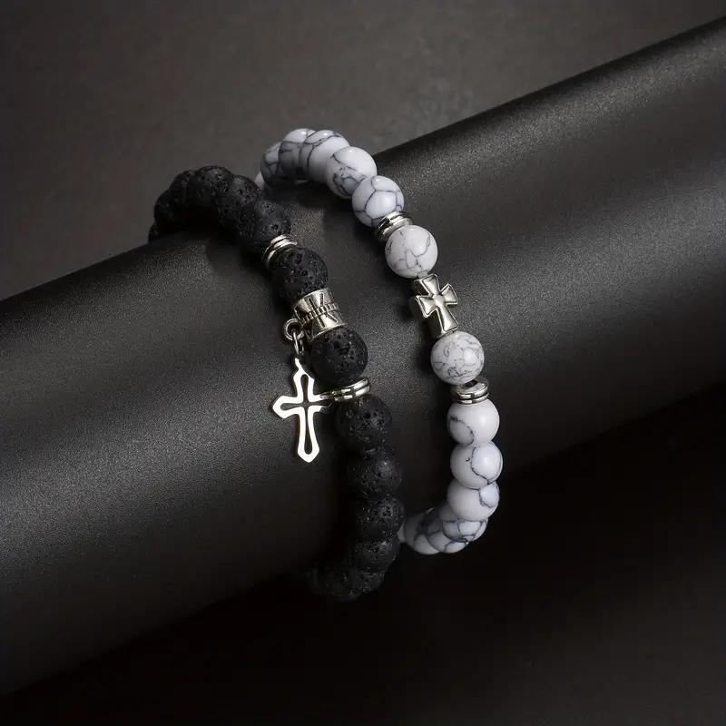 Lava Rock, Howlite Chain Material Casual Retro Cross Alloy Volcanic Rock Howlite Beaded Bracelets Wholesale