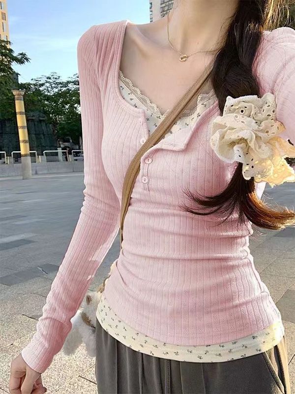 纯欲BM风蕾丝假两件长袖t恤女春秋法式感修身内搭甜辣妹上衣严选|undefined