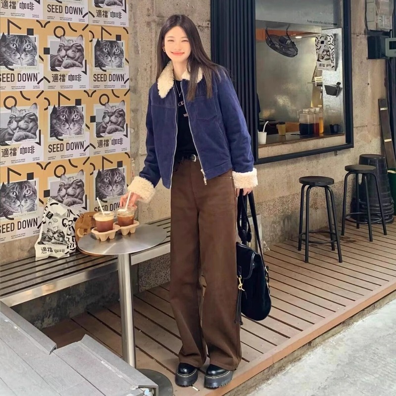 复古棕咖色直筒牛仔裤女春季美拉德宽松高腰显瘦窄版阔腿裤子|undefined
