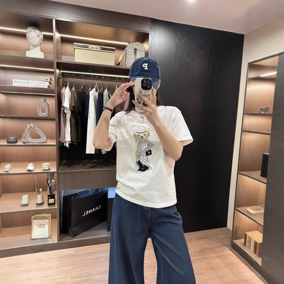2025 New RL Pony Home Round Neck Bear Embroidery Sequin Embroidery Cartoon Casual Loose Women's T-Shirt