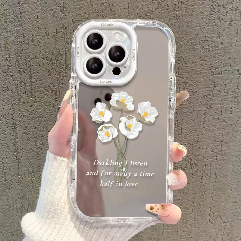 镜面清新花朵适13mini用苹果15手机壳iPhone14plus保护套13Promax