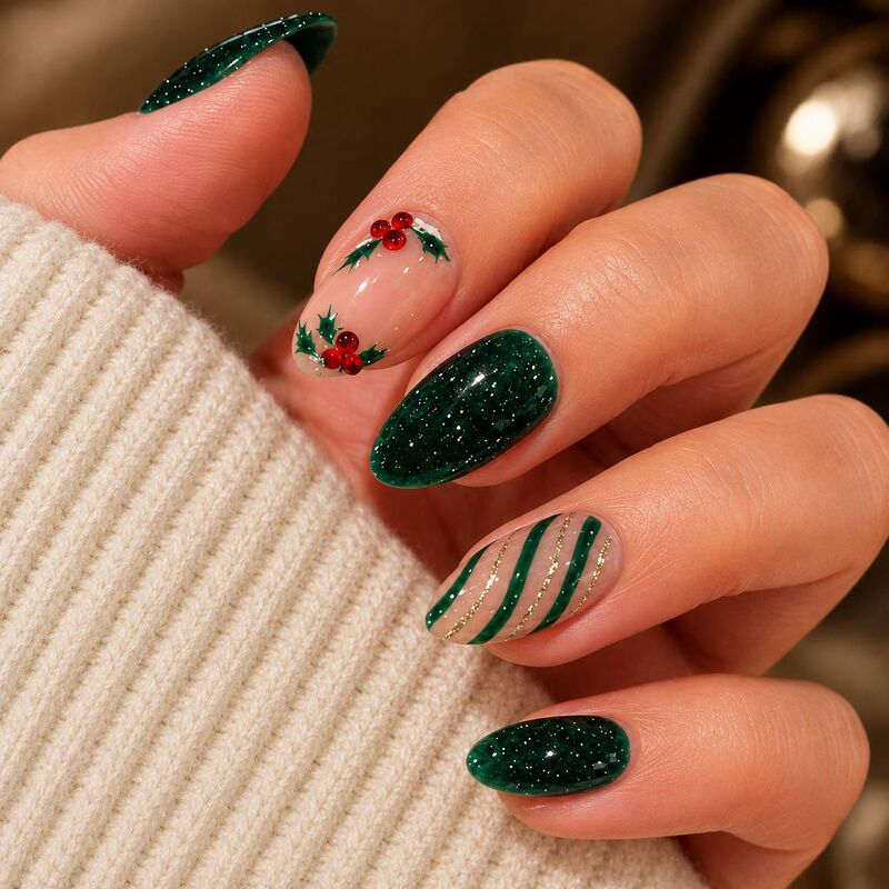 Cross-border European and American popular Christmas nail art cat eye press-on nails with glitter and holly red fruit nail stickers fake nails Cross-border European and American popular Christmas nail art cat eye press-on nails with glitter and holly red fruit nail stickers fake nails