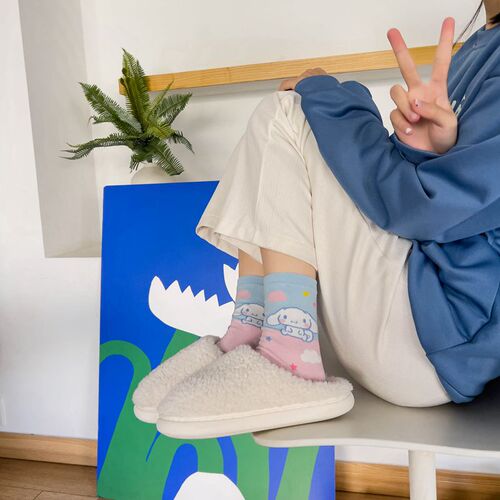 Japanese cartoon socks for women, blue combed cotton mid-length socks for women, cute puppy stockings, dropshipping