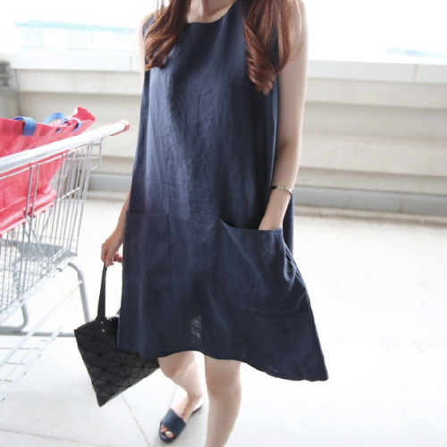 Cross-border AliExpress New Fashion Plus Size Wide Cotton-Linen A-Line Skirt Women Summer Loose Pockets Linen Base Dress