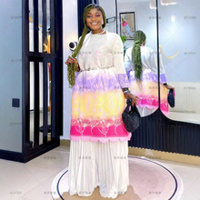 非洲大码女装三宅褶皱印花套装两件套气质宽松长款上衣百褶休闲裤