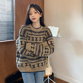 毛衣女秋冬季2022年新款韩版chic宽松提花复古慵懒风圆领套头上衣