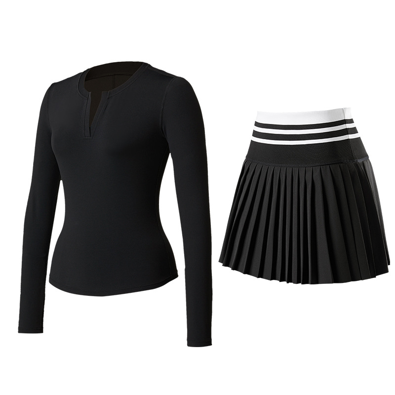 Trajes deportivos de otoño y invierno ropa de tenis ropa de yoga cuello V mangas largas anti-luz falda de tenis para correr camisetas deportivas