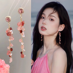 银针超仙粉色碎石流苏耳环精致气质小众耳坠明星同款高级感耳饰女
