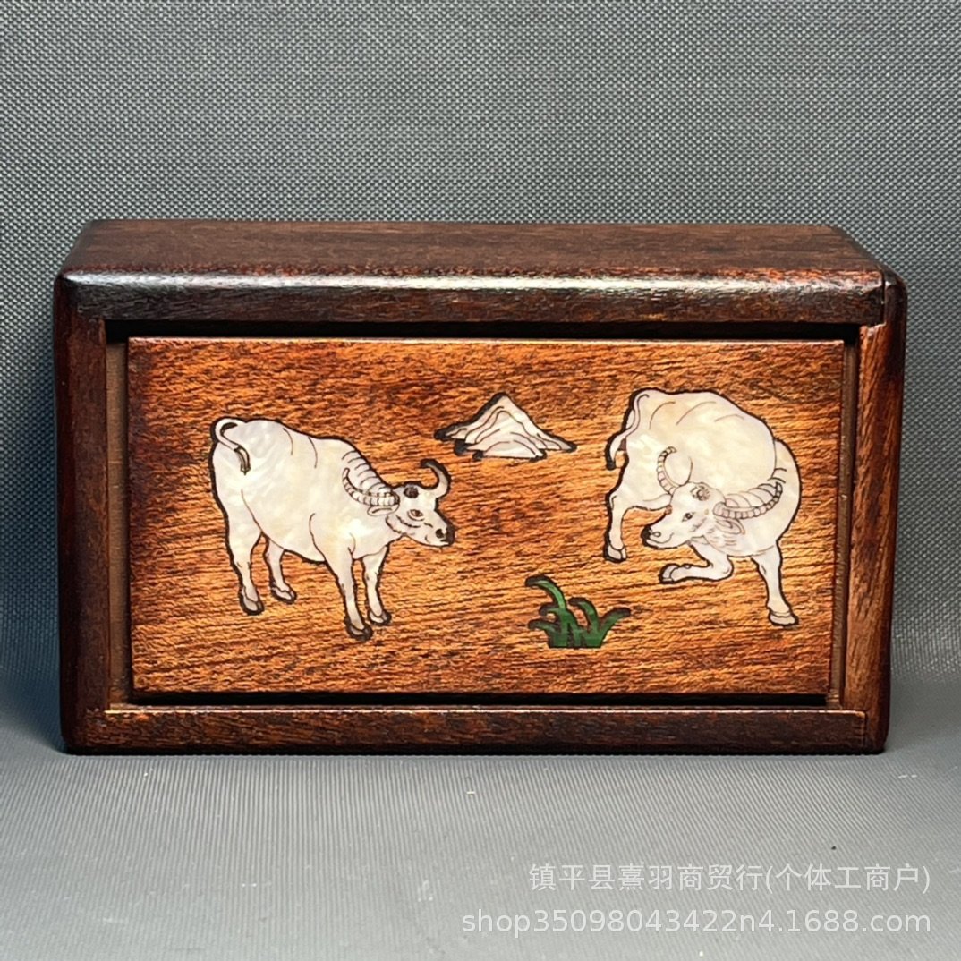 古玩杂项木雕工艺品花梨木镶嵌贝壳两牛机关盒首饰盒木质盒子木盒