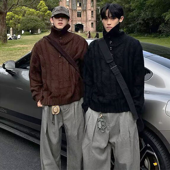 Herren-Strickpullover mit Zopfmuster, grob gestrickt, hochwertig, Herbst/Winter, Polyester, Standardstärke, Cross Border, Großhandel_voghion.com