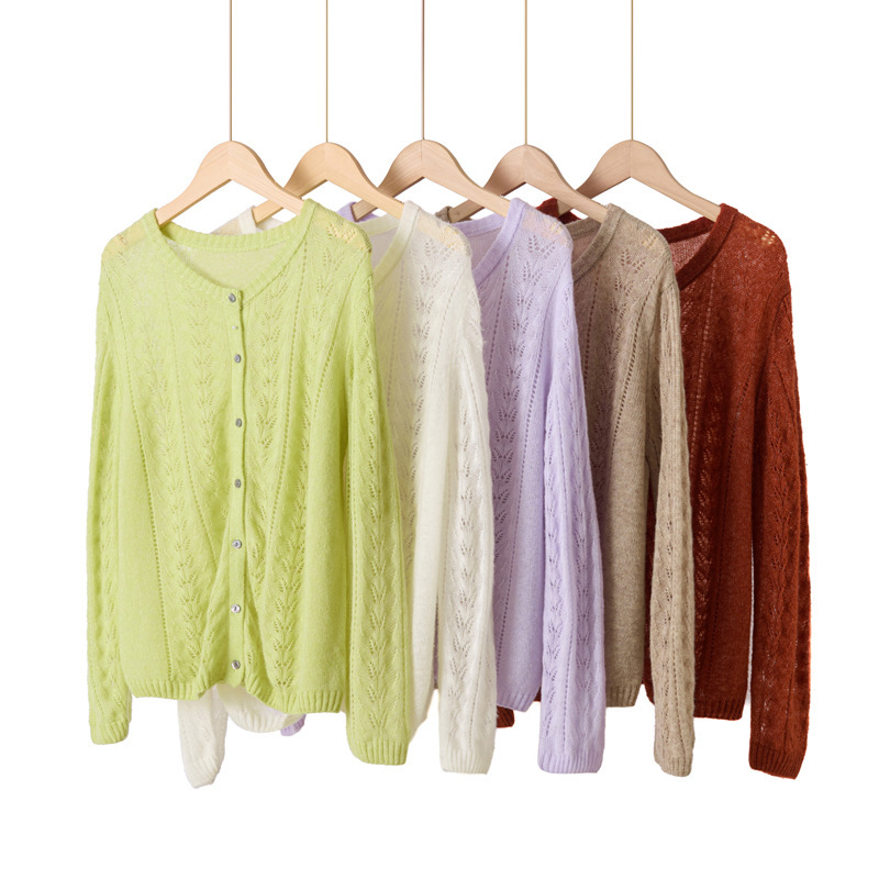 Silk Cashmere [Goat Cashmere + Wool] Round Neck Hollow-Out New Style Skin-Friendly Soft Knit Cardigan for Women