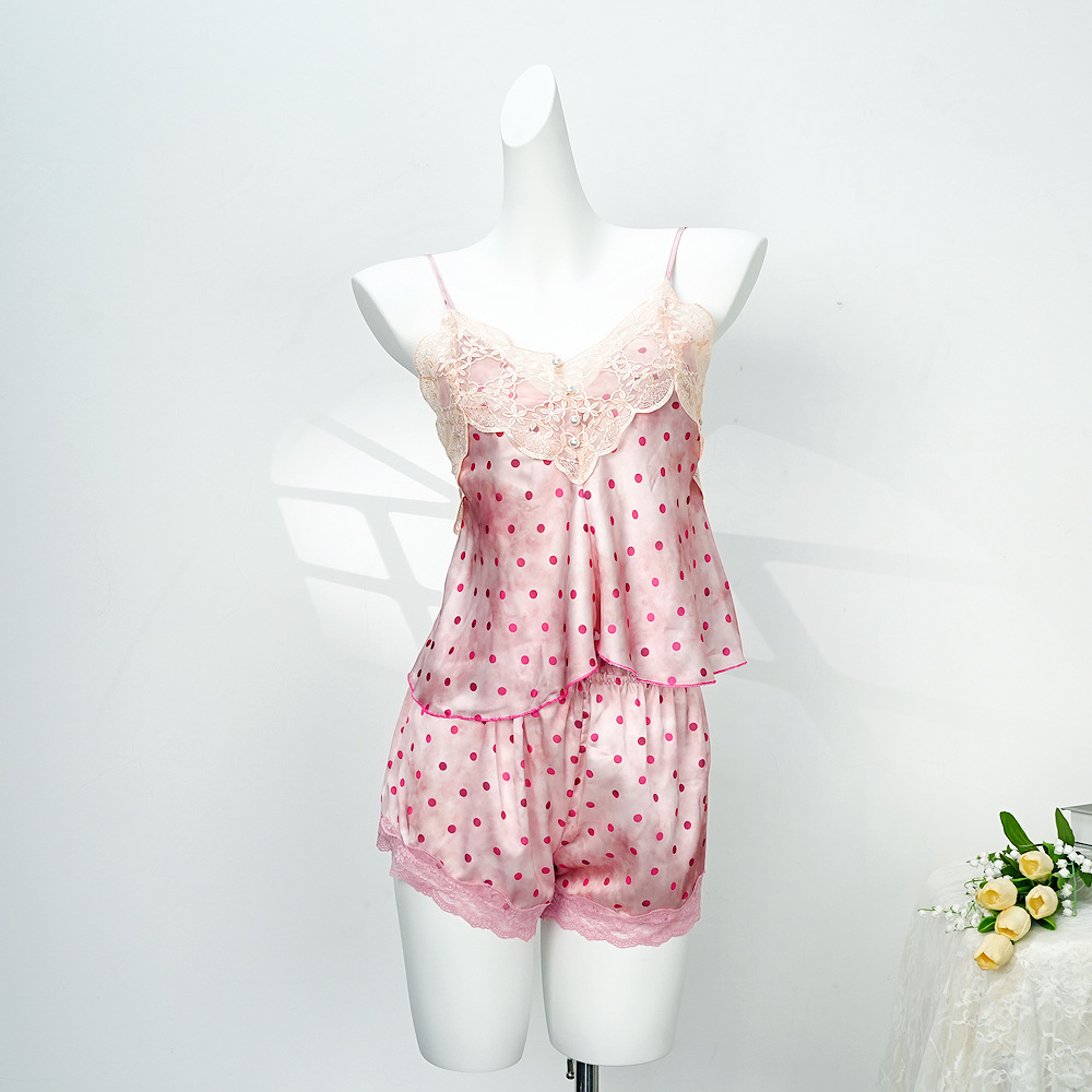 玫红色波点纯欲性感冰丝睡衣女式蕾丝花边背心短裤家居服两件套装