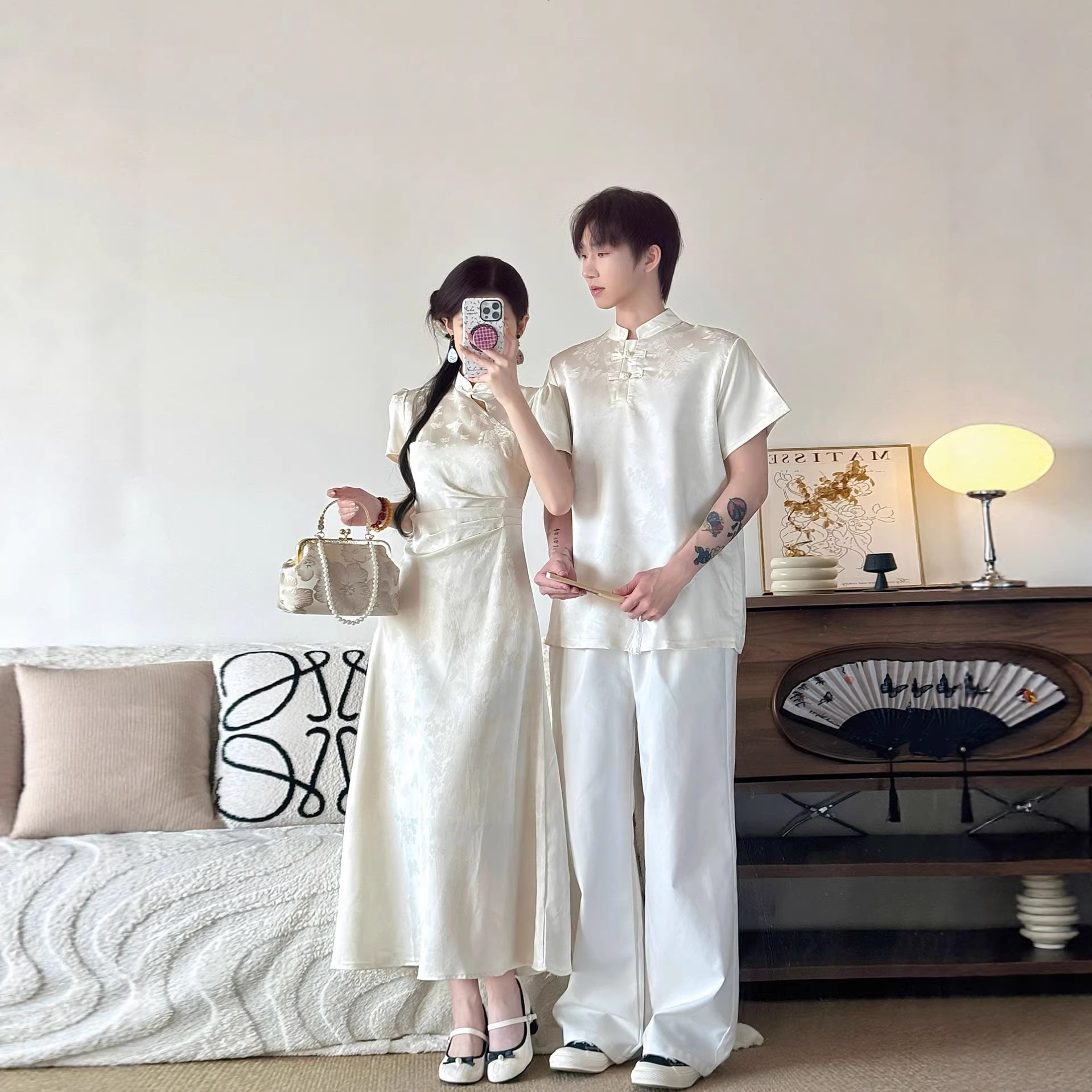 New Chinese-Style Couple Outfits for Summer, Improved Cheongsam with a High-End Feel, Jacquard Stand Collar, Waist-Cinching, Buttoned Elegant Dress