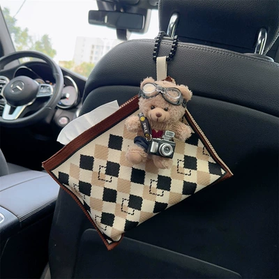 car supplies, Car tissue box/set - coffee-camera-bear-brown-plaid-paper-bag